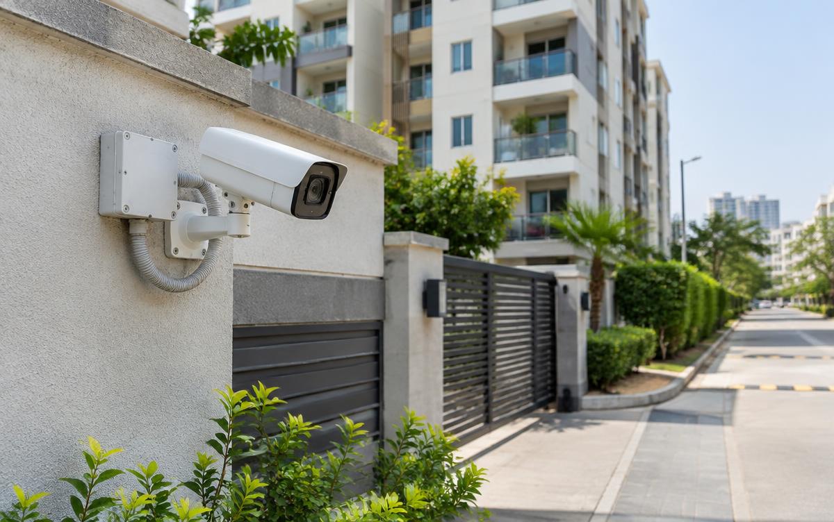 CCTV surveillance camera mounted on an Indian gated-community wall
